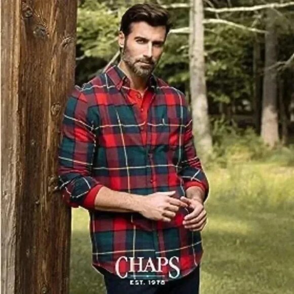 Chaps Men’s Plaid Flannel Long Sleeve Button Down Shirt Red Blue Black Green LG - Picture 3 of 16